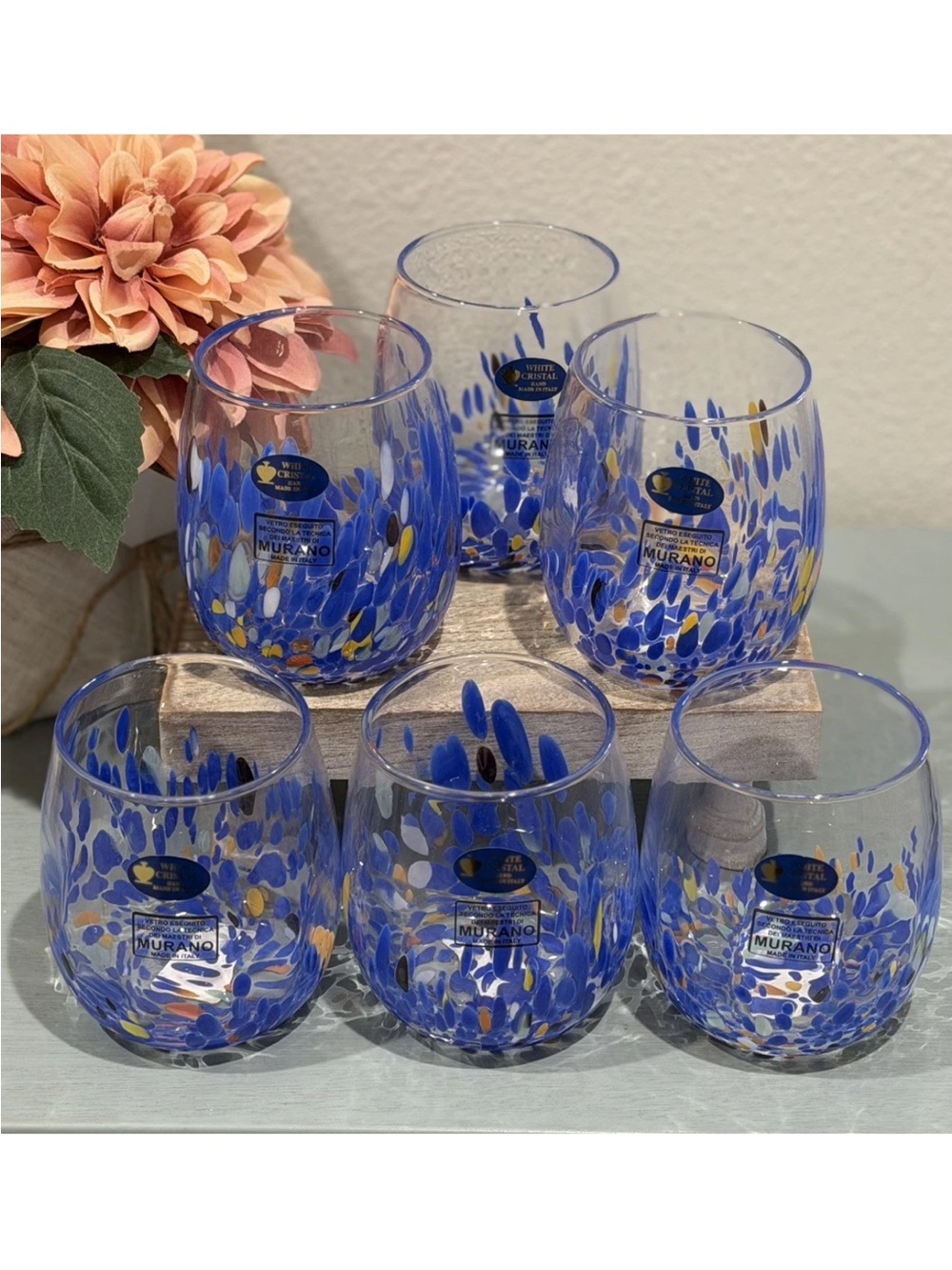 6 White Cristal Murano Royal Blue Confetti Stemless Wine Glasses. Made in Italy